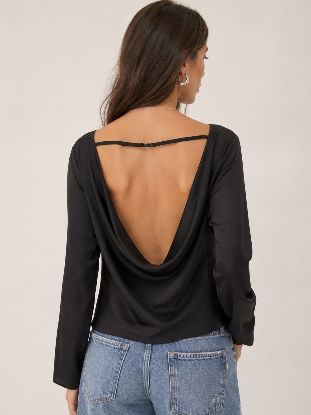 Abercrombie & Fitch Black Satin Long-Sleeve Cowl Back Blouse Top XS - Picture 2 of 6